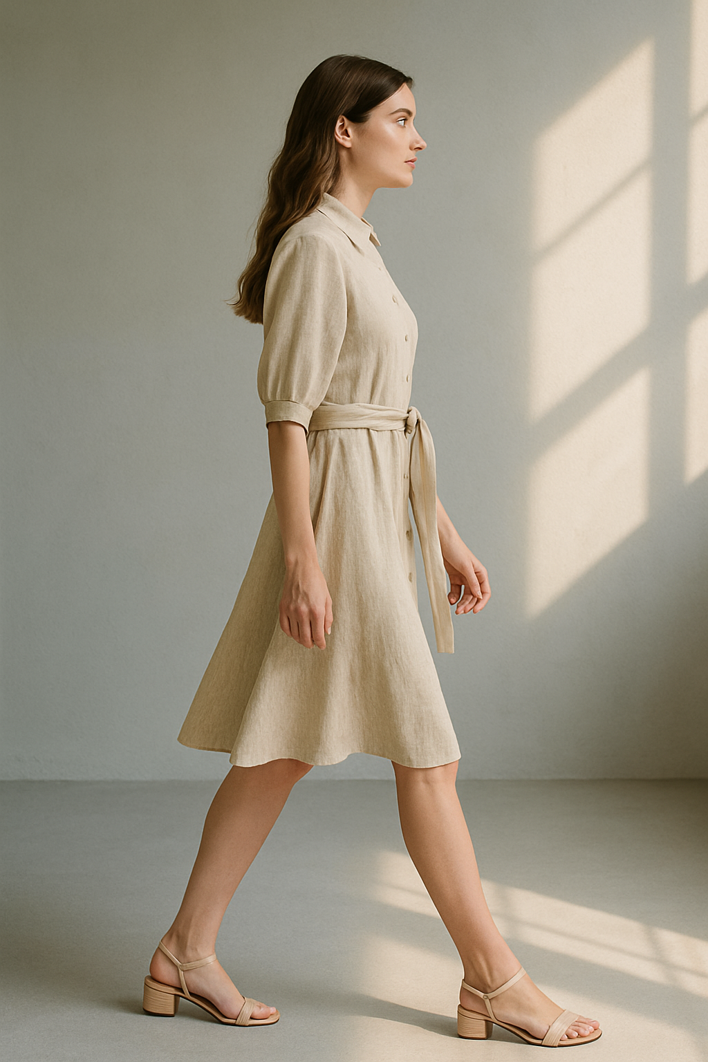 Beżowa sukienka koszulowa z rękawami o długości do połowy łydki i paskiem do wiązania 1