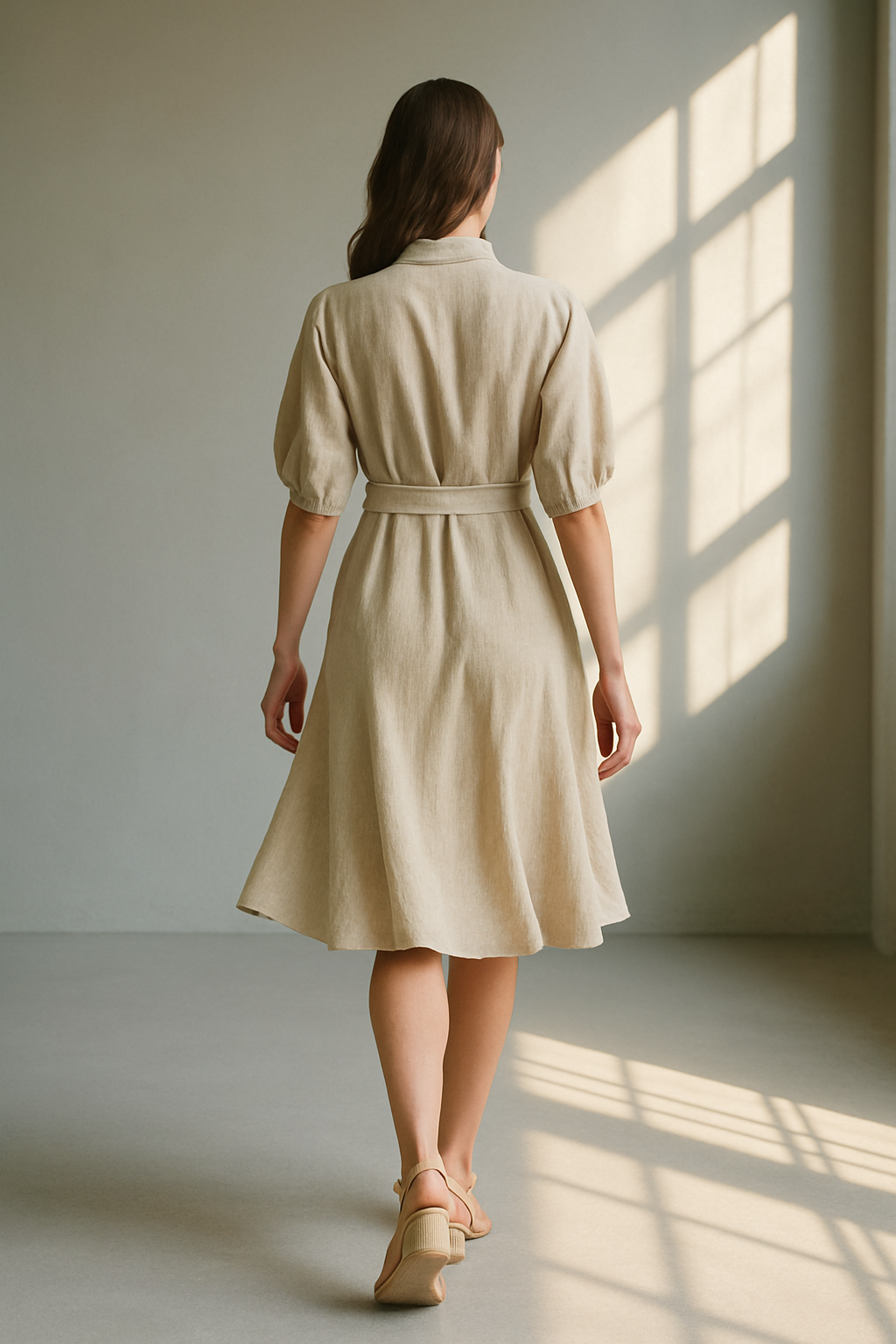 Beżowa sukienka koszulowa z rękawami o długości do połowy łydki i paskiem do wiązania 2
