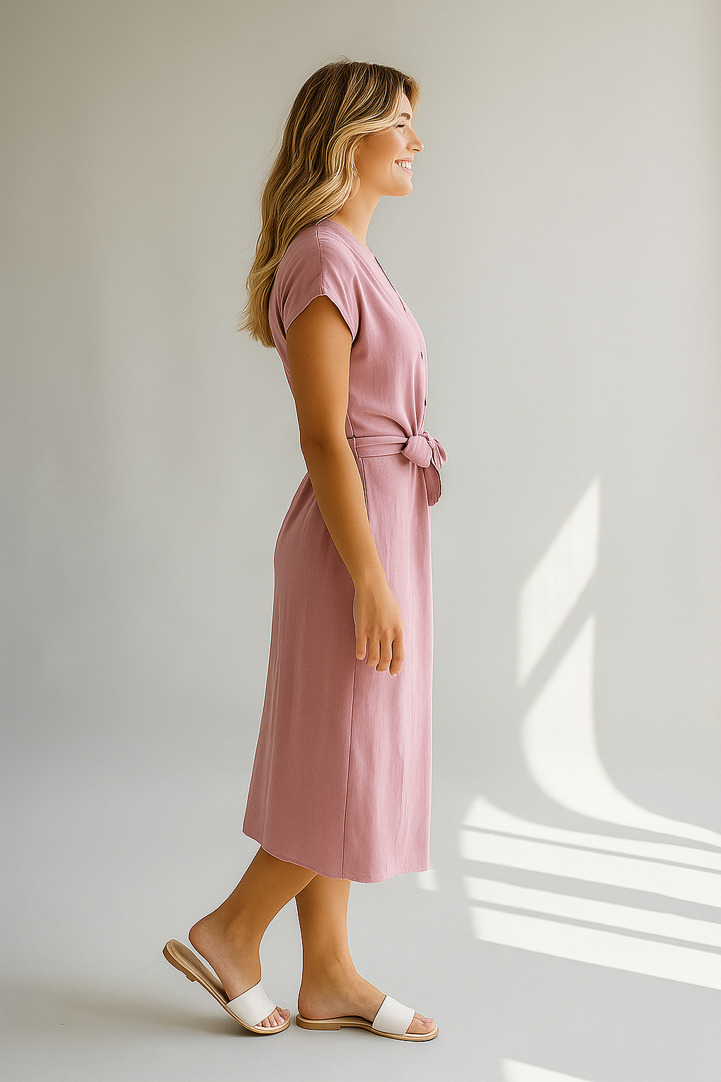 Różowa sukienka midi z dekoltem w serek i paskiem do wiązania 1