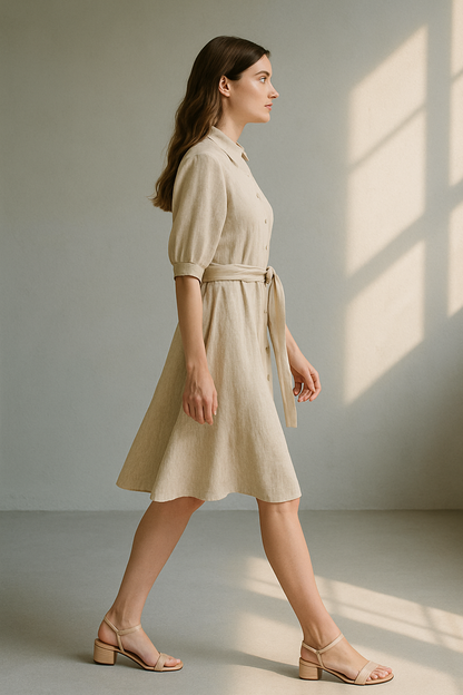Beżowa sukienka koszulowa z rękawami o długości do połowy łydki i paskiem do wiązania 1
