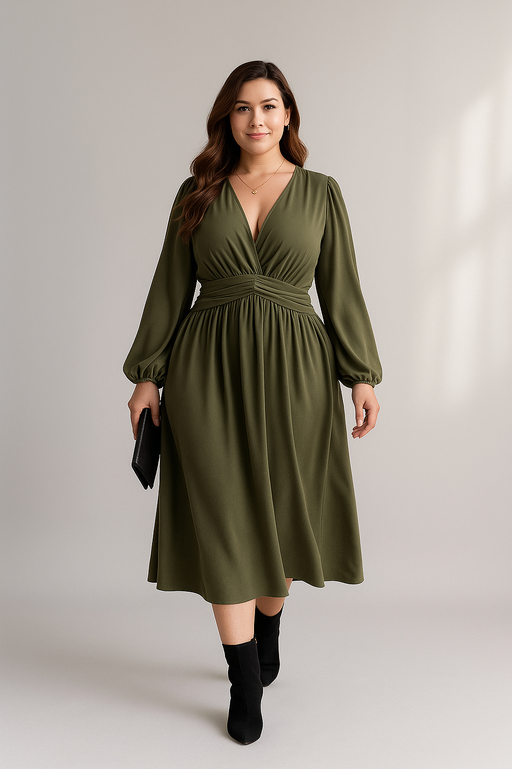Oliwkowozielona sukienka midi z dekoltem w serek i długim rękawem 0
