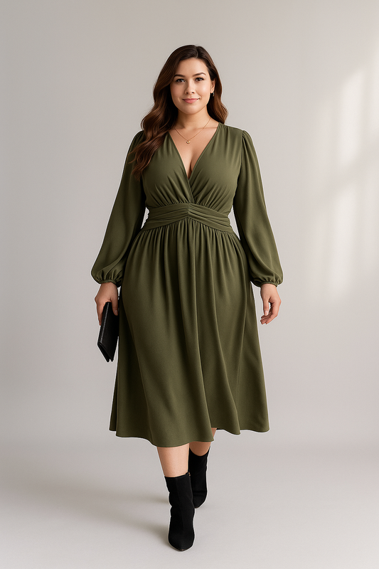 Oliwkowozielona sukienka midi z dekoltem w serek i długim rękawem 0
