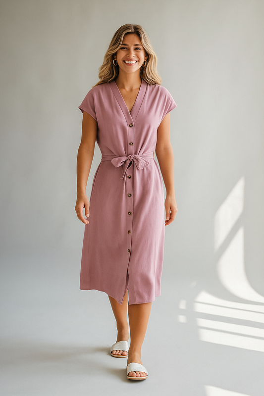 Różowa sukienka midi z dekoltem w serek i paskiem do wiązania 0