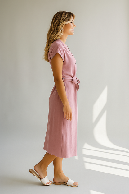 Różowa sukienka midi z dekoltem w serek i paskiem do wiązania 1