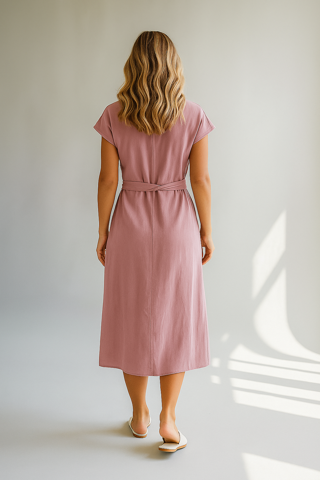 Różowa sukienka midi z dekoltem w serek i paskiem do wiązania 2